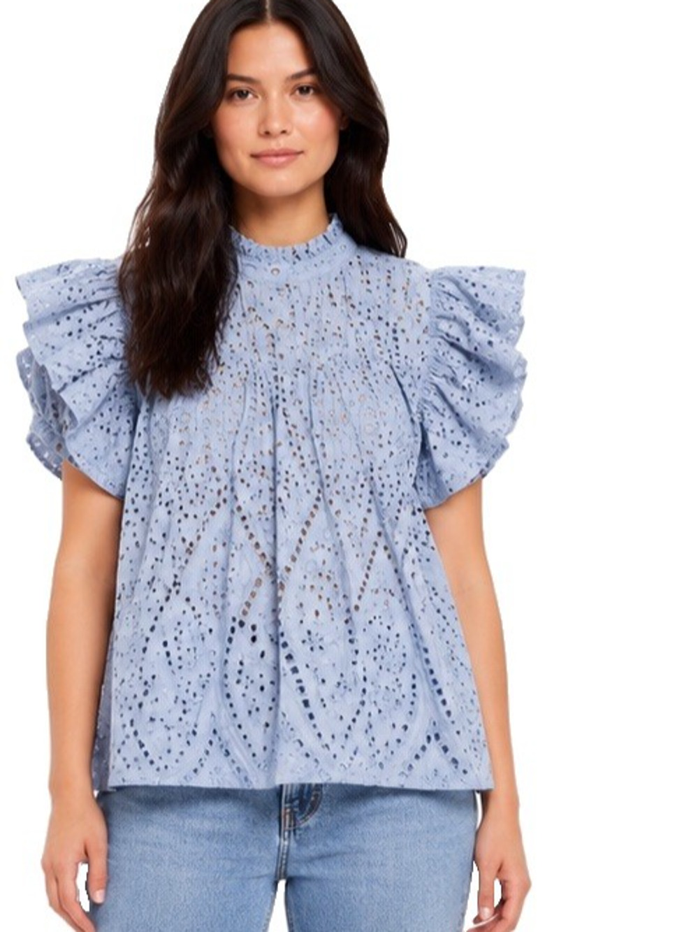 GANNI WOMENS US 8 EU 40 BLUE EYELET RUFFLE SLEEVE COTTON BLOUSE TOP